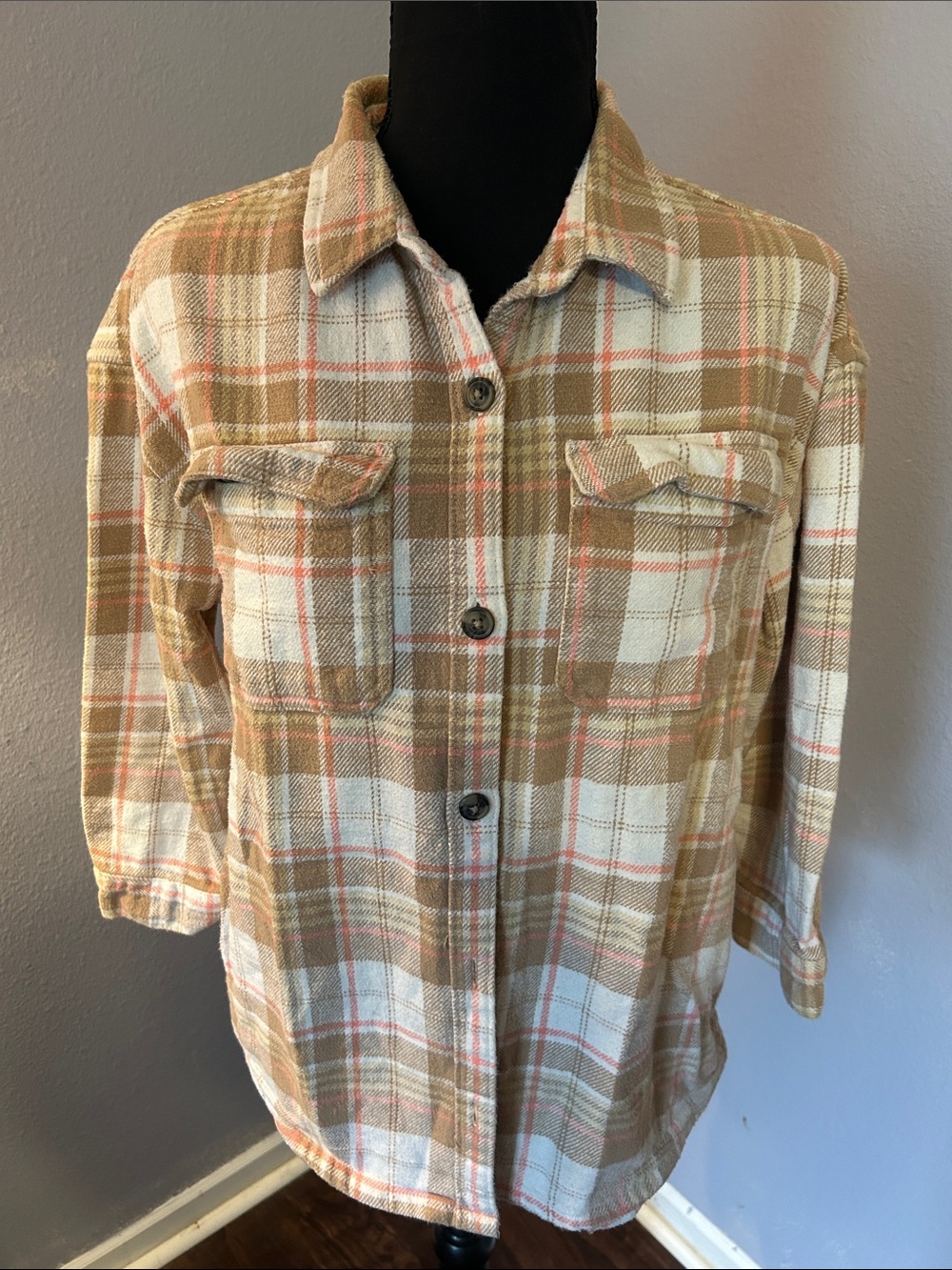 Wonder Nation Girl Youth Plaid Button Down Shacket Flannel Beige Pink Size Large